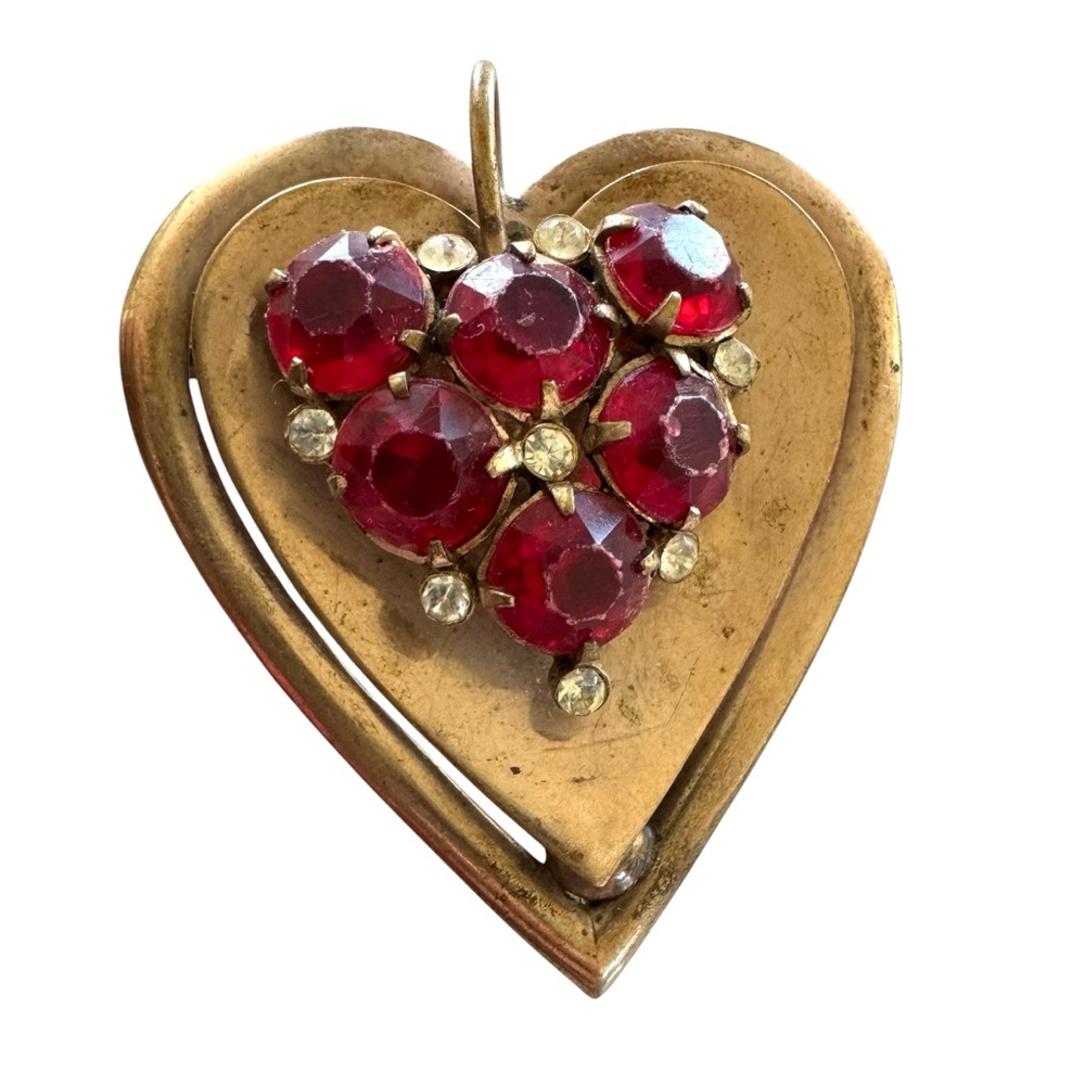 Rare 40s Walburt Walter Lampl Red Rhinestone Heart Pendant Brooch Gold Tone